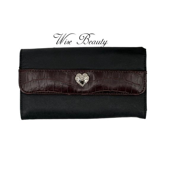 Classic Tri-Fold Wallet Two Tone Black Brown Multi-Compartments Snap Closure - Picture 2 of 7